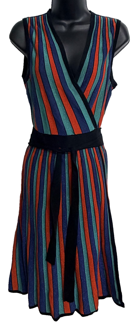 Diane von Furstenberg Wrap Dress Women's Small Metallic Striped Knit Belted